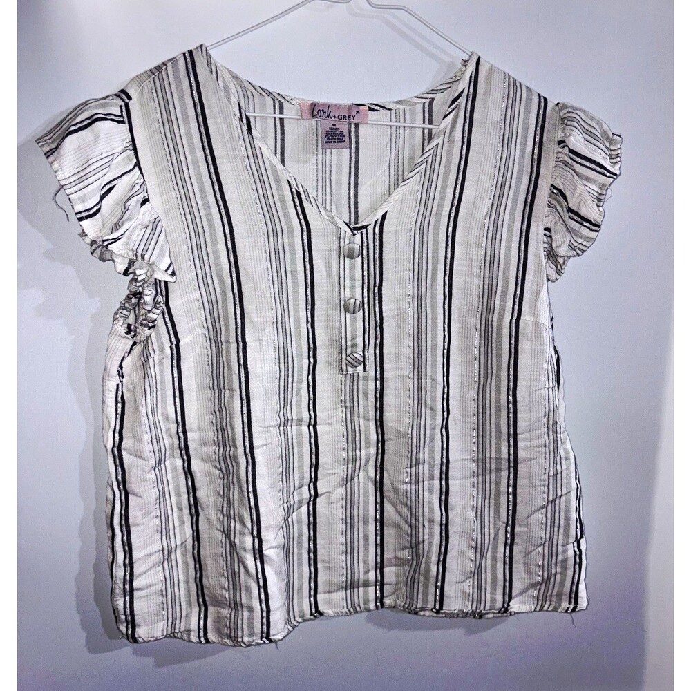 Lark + Grey Women’s Blouse M White/Black Striped V-Neck Flutter Sleeve Button